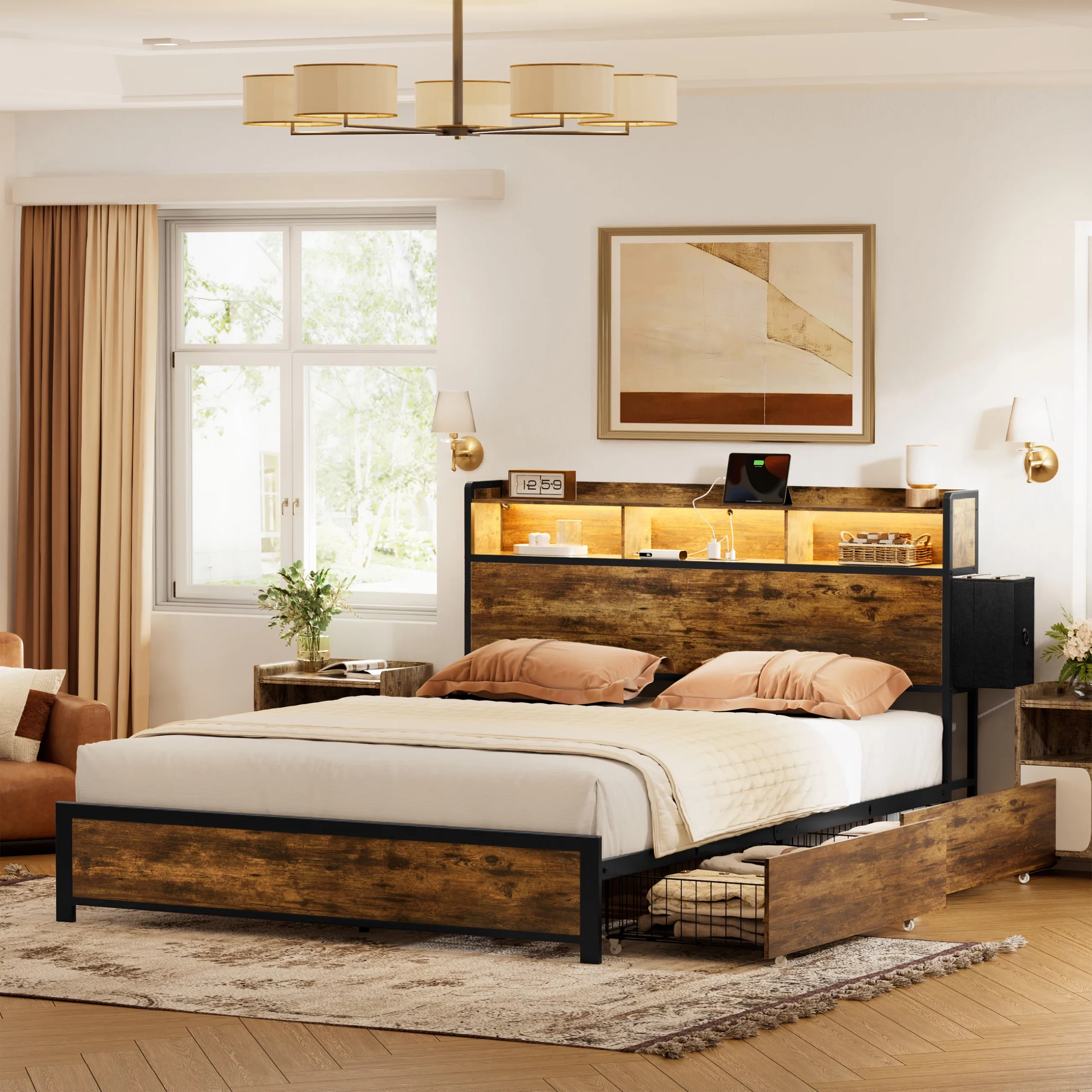 AntiochBedFramewith2UnderbedDrawers2BedsideDrawersModernBedwithChargingStationLEDLight scaled